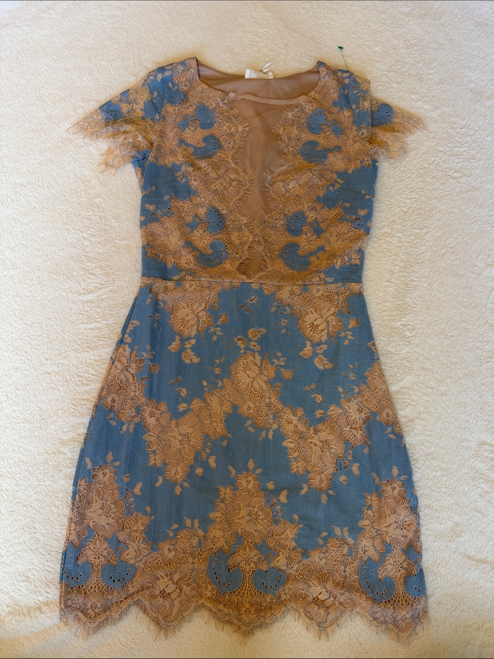 Storia Blue Dress with Tan Lace Overlay